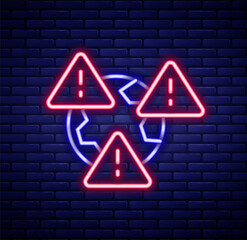 Glowing neon line Planet earth symbol with exclamation mark icon isolated on brick wall background. Global earth, Exclamation mark danger. Colorful outline concept. Vector