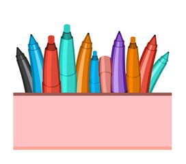 Stationery in a box. Horizontal composition for the border. Pencils and brushes. Items for creativity. Ballpoint and gel pens. Isolated on white background. Cheerful cartoon style. Vector.