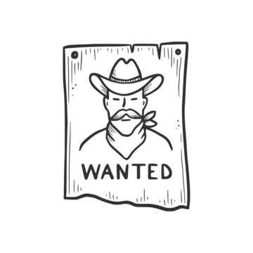Hand drawn bandit cowboy wanted element. Comic doodle sketch style. Cowboy bandit, western concept icon. Isolated vector illustration.