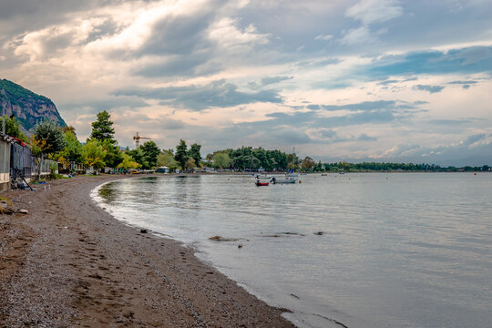 View of the beach of Kamena Vourla, a town and a popular tourist resort, especially in the summer. The picture taken in the autumn, thus the beach is empty. In Phthiotis, Greece.