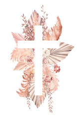 boho watercolor cross with dry eucalyptus and tropical flowers on a white background. Design for first communion, baptism, easter
