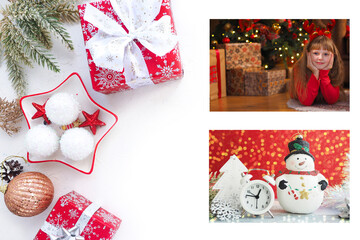 Christmas banner, Christmas balls, branches, boxes with gifts and Christmas cards on a white table....