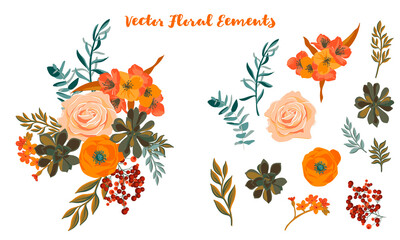 vector drawing composition with flowers and leaves and isolated elements, hand drawn illustration
