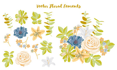 vector drawing composition with flowers and leaves and isolated elements, hand drawn illustration