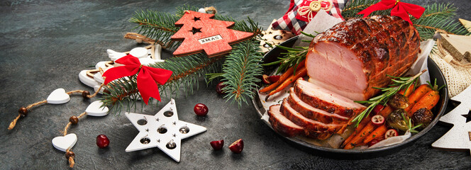 Christmas composition with baked ham.
