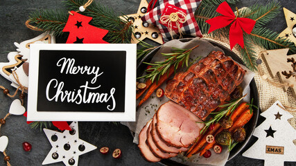 Christmas composition with baked ham.