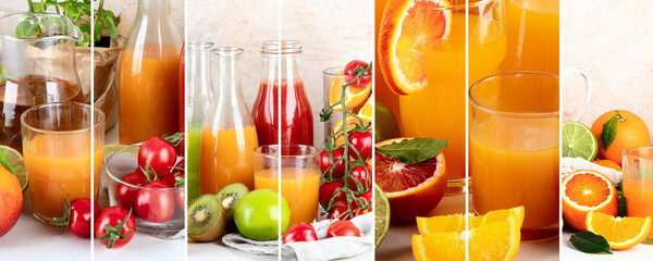 Collage food of Fresh and healthy home made juices, fruits and vegetables on light wooden background.