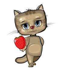 Cute kid Cat stretches out his hand offering a treat. He wants to present a berry strawberries. Funny animal baby. Illustration for children. Isolated on white background. Vector