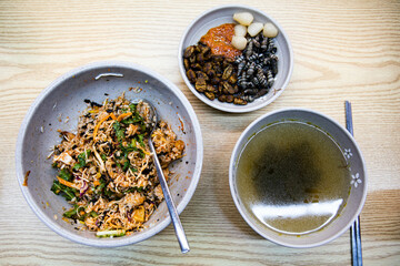 Sea crab bibimbap mixed with sea crab, vegetables, and rice, Korean traditional food,
