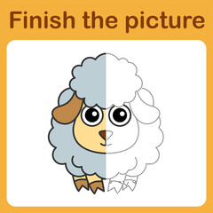 Connect the dot and complete the picture. Simple coloring funny sheep. Drawing game for children
