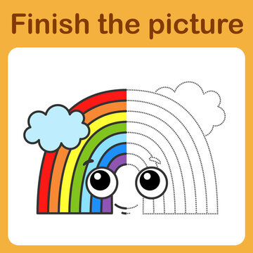 Connect the dot and complete the picture. Simple coloring Bright rainbow. Drawing game for children