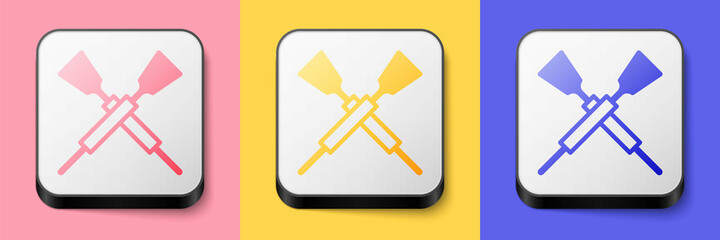 Isometric Crossed oars or paddles boat icon isolated on pink, yellow and blue background. Square button. Vector