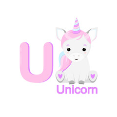 Cute unicorn in cartoon style. Children's alphabet with an animal.