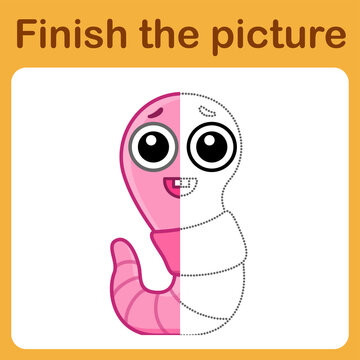 Connect the dot and complete the picture. Simple coloring funny worm. Drawing game for children