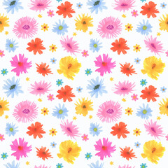 Funny colorful meadow flowers on white background. Hand drawn with markers