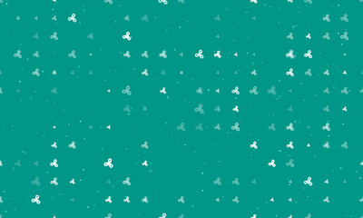 Seamless background pattern of evenly spaced white spinner symbols of different sizes and opacity. Vector illustration on teal background with stars