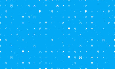 Seamless background pattern of evenly spaced white women's jacket symbols of different sizes and opacity. Vector illustration on light blue background with stars