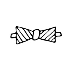 Doodle bow tie. Vector illustration. The icon of the black outline of a bow tie isolated on a white background. Part of the festive wardrobe. A simple hand-drawn clipart with doodles. 