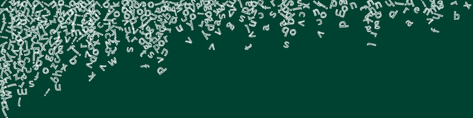 Falling letters of English language. Childish chalk flying words of Latin alphabet. Foreign languages study concept. Splendid back to school banner on blackboard background.