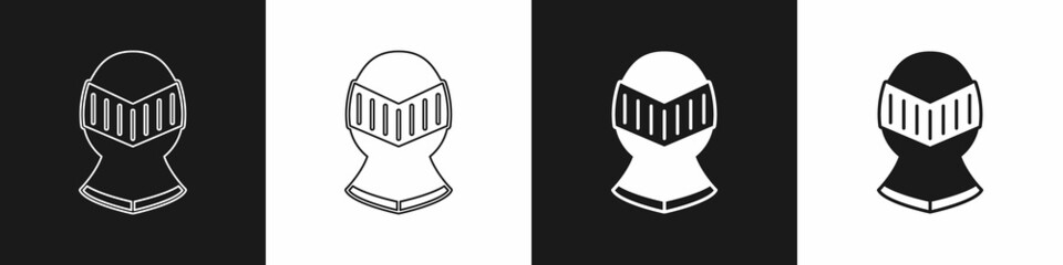 Fototapeta premium Set Medieval iron helmet for head protection icon isolated on black and white background. Knight helmet. Vector