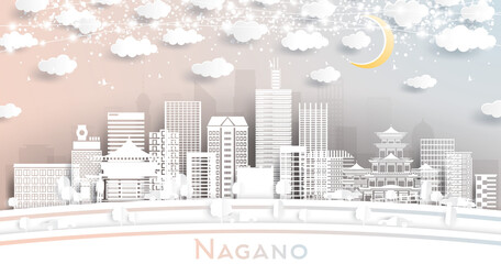 Nagano Japan City Skyline in Paper Cut Style with White Buildings, Moon and Neon Garland.