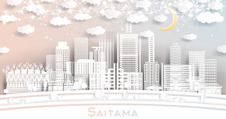 Saitama Japan City Skyline in Paper Cut Style with White Buildings, Moon and Neon Garland.