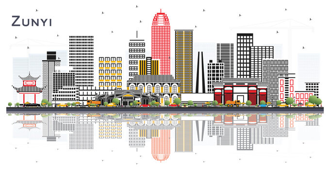 Zunyi China City Skyline with Gray Buildings and Reflections Isolated on White.