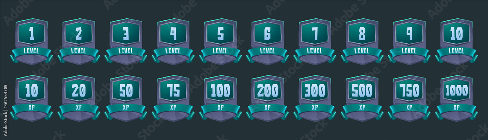 Poster old badges with level number and experience points for game ui design. vector cartoon icons of stone