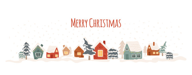 Winter village, cozy houses in snowfall forest. Merry Christmas curve text. Red, green colored huts on white background. Vector illustration. Greeting banner, New Year web footer, border, card.