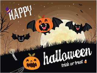 Vintage Halloween poster design with vector bat, jack o lantern character. 