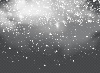 Realistic falling snowflakes. Isolated on transparent background. Vector illustration