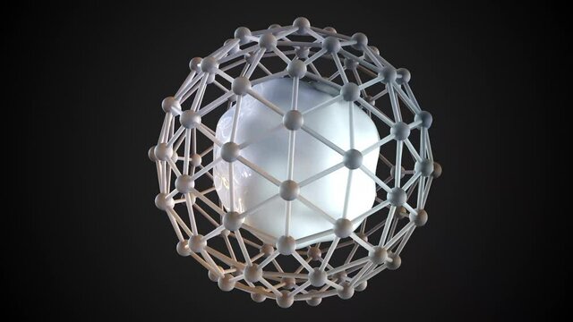 Molecular 3d render of structure of nucleus. Network of both protons and neutrons circling around circular microscopic sphere. Synthesis of nuclear reactions and decay processes.