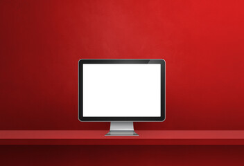 Computer pc on red shelf banner