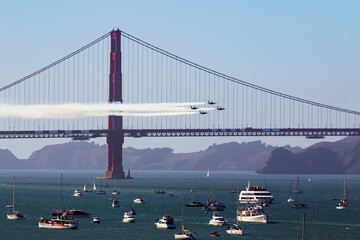 Fleet Week Blue Angel Flying  over Golden Gate Bridge, San Francisco