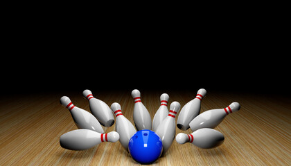 3d render of a bowling strike with skittles and a ball.Digital image illustration.	