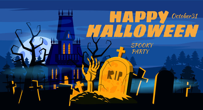 Happy Halloween poster, night cemetery, zombie hand, haunted mansion. Vector illustration cartoon style banner