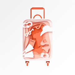 Paper cut-out style travel suitcase. Rest items inside luggage. Vector illustration