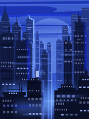 Night futuristic city background, bright lights, panorama, modern buildings, midnight. Vector illustration poster cover