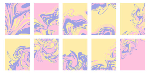 Set of abstract backgrounds with marble or epoxy textures in light pink, lavender and yellow palette. Contemporary trendy prints for cover designs, wedding invitations, case, wrapping paper.