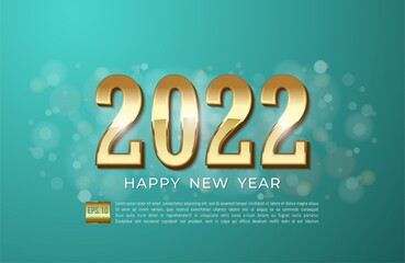 Happy new year 2022 with gold ribbon and glitter on cyan background