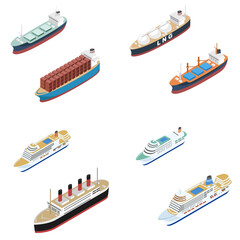 アイソメトリックの客船と貨物船セット - obrazy, fototapety, plakaty