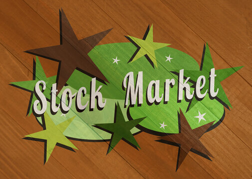 Mid-century modern stock market sign on wood grain texture
