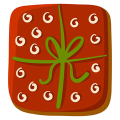 Christmas cookie red gift box, Happy New Year cake, cute illustration isolated on white background. Vector
