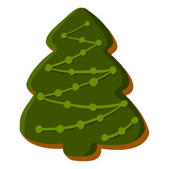 Christmas tree cookie, Happy New Year cake, cute illustration isolated on white background. Vector