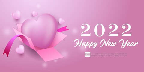 Happy new year 2022 with soft pink theme and some 3d decoration of hearts and open gift box