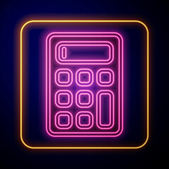 Glowing neon Calculator icon isolated on black background. Accounting symbol. Business calculations mathematics education and finance. Vector