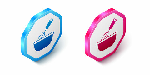 Isometric Cooking whisk with bowl icon isolated on white background. Cooking utensil, egg beater. Cutlery sign. Food mix symbol. Hexagon button. Vector