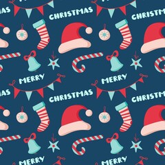Christmas seamless pattern with hat, bell, socks,ball, lettering isolated on white background. Vector flat illustration. Design for backdrop, wrapping, wallpaper, textile, packaging