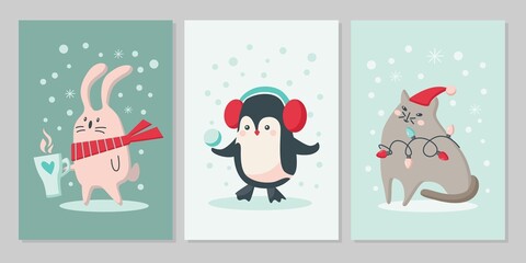 Set of Christmas cards with cute animals. Woodland characters rabbit, penguin, cat with snowflakes. Vector flat illustration.  Design for greeting card, flyer, banner, social media