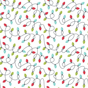 Christmas seamless pattern with garlands isolated on white background. Vector flat illustration. Design for backdrop, wrapping, wallpaper, textile, packaging